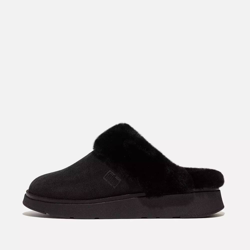 NEW FITFLOP women's gen-ff shearling-collar suede slippers in all black